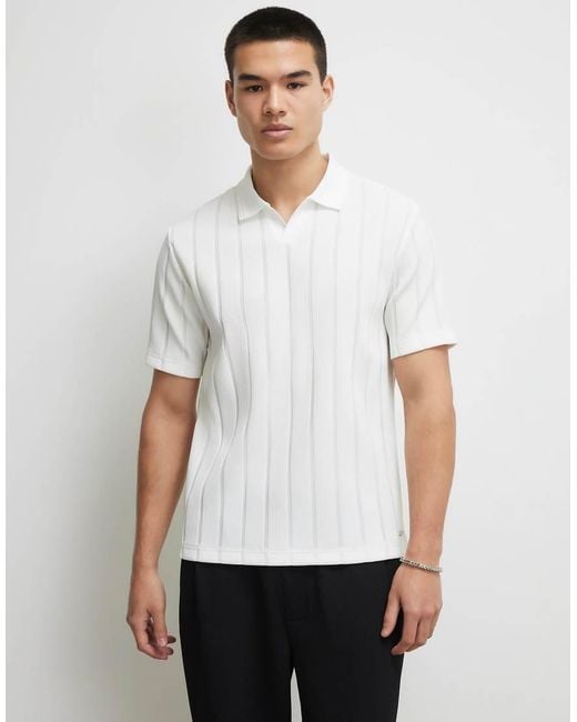River Island White Slim Fit Ottoman Open Neck Polo Shirt for men