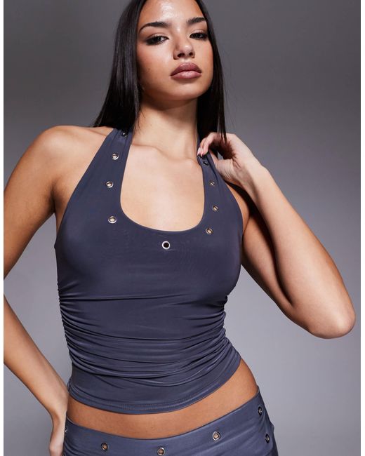 Kaiia Blue Exclusive Double Layered Slinky Eyelet Detail Scoop Halterneck Top