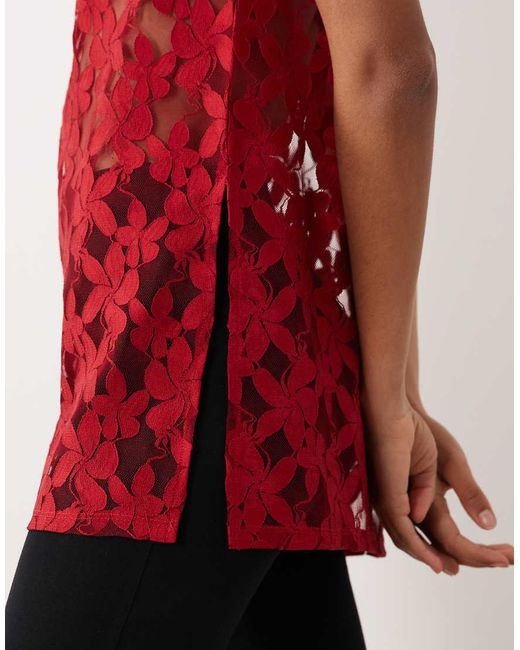 ASOS Red Lace Over Sized Long Line Vest Top
