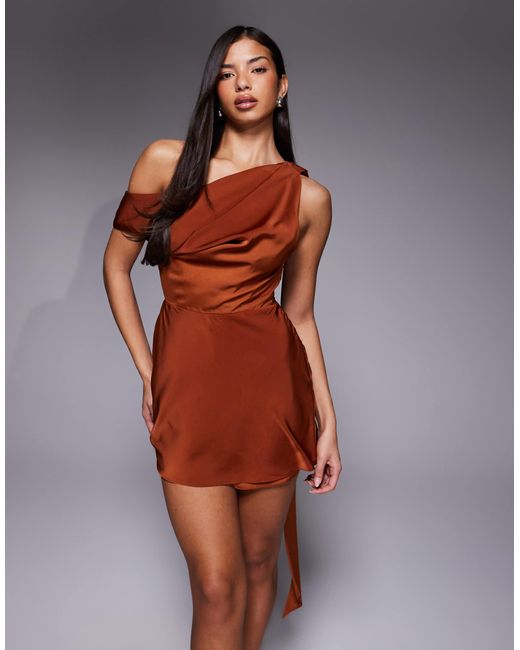 asos brown satin dress Rent ASOS DESIGN Tall Satin Drape Dress With Wrap Skirt In Chocolate