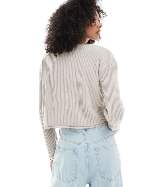 ASOS White Crew Neck Boxy Rib Jumper With Rolled Edge