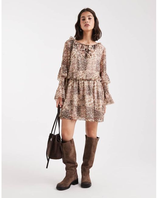 Miss Selfridge Brown Chiffon Ruffle Mini Dress