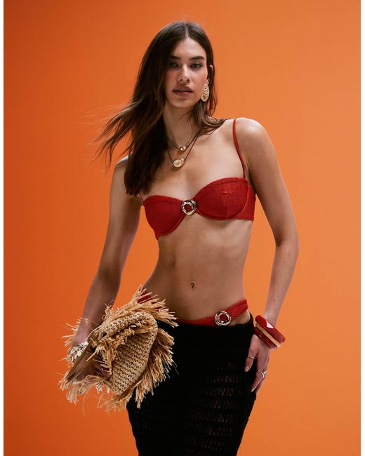 ASOS Orange Polly Shirred Underwired Bikini Top With Ring Detail