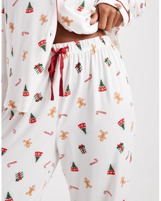 Loungeable White Christmas Super Soft Jersey Revere Top And Wide Leg Pyjama Set