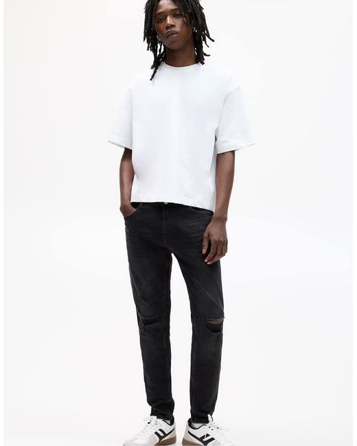 Pull&Bear Black Ripped Skinny Jeans for men