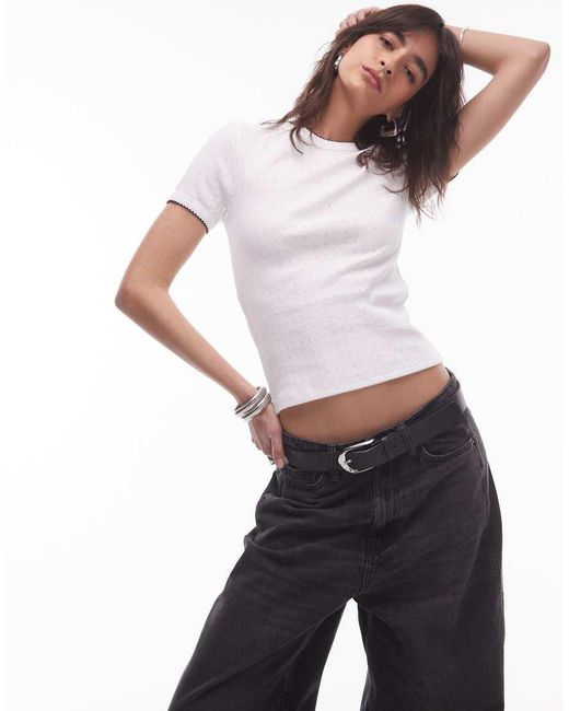 TOPSHOP White Contrast Binding Pointelle Tee