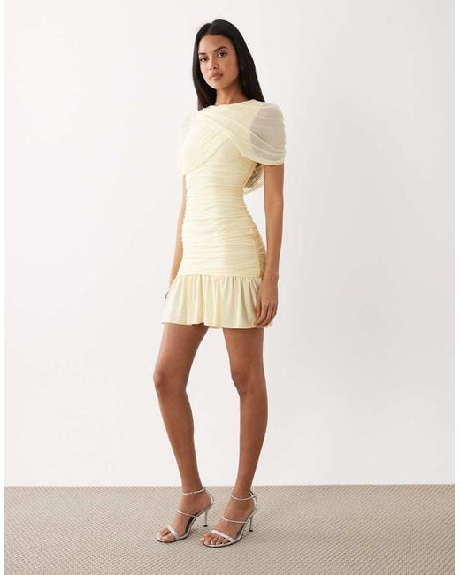 Kaiia Natural Exclusive Double Layered Slinky Cape Detail Ruffle Hem Mini Dress