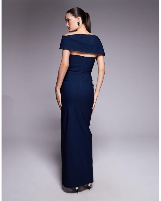 Vesper Blue Bengaline Deep Bardot Cinch Detail Side Split Maxi Dress