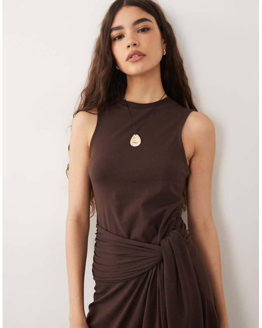 ASOS Natural Sleeveless Midi Dress With Tie Waist