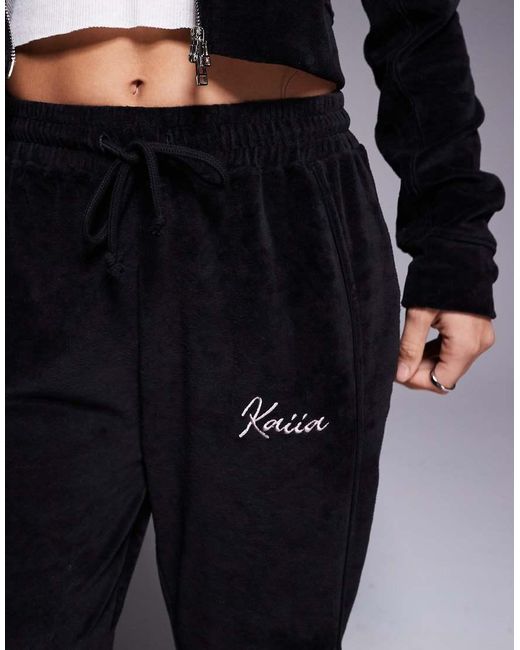 Kaiia Blue Embroidered Logo Velour Wide Leg joggers Co-ord