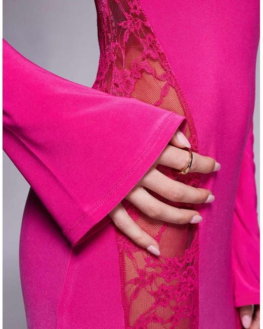 ASOS Pink Long Sleeve High Neck Maxi Dress With Seamed Lace Panels