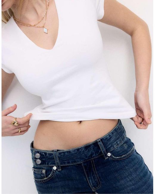Stradivarius White V-neck Short Sleeve T-shirt