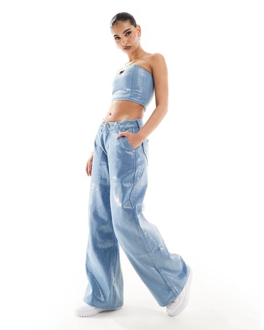 Liquor N Poker Blue Co-ord Mid Rise baggy Jean With Sequins