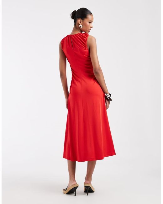 & Other Stories Red Ruched Sleeveless Midi Dress With Keyhole