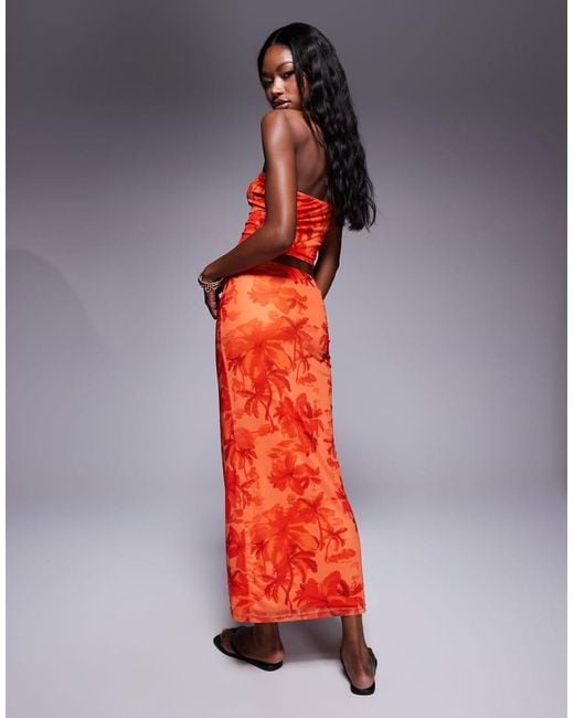 Princess Polly Red Mesh Bandeau Top And Low Rise Midi Skirt Full Set
