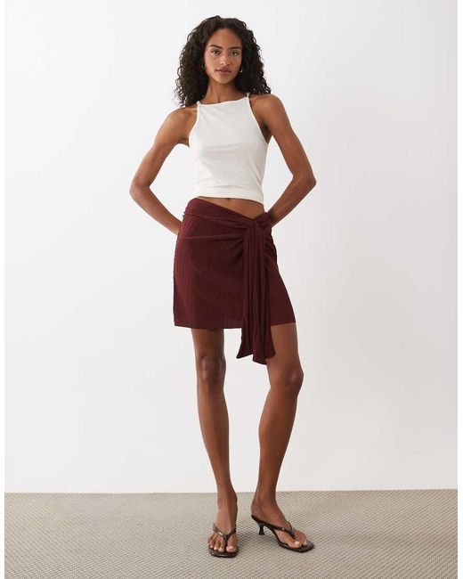ASOS Red Plisse Ruched Drape Detail Mini Sarong Skirt
