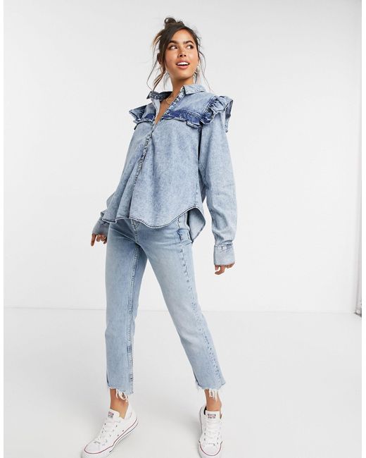 Free People Ruffle Denim Shirt in Blue 