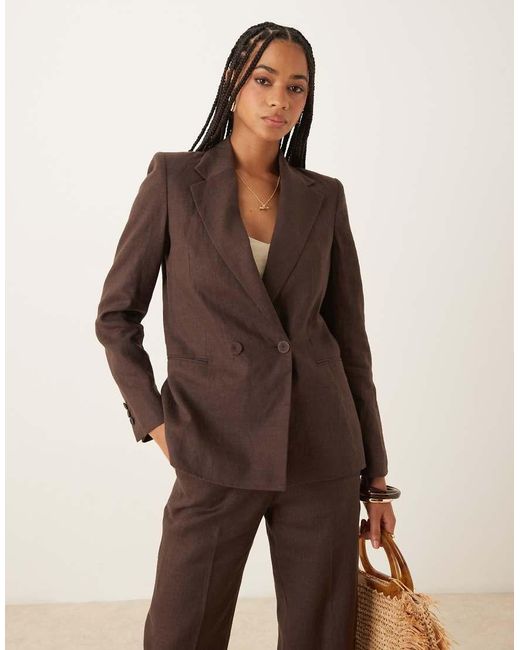 Mango Double Breasted Blazer Van Linnen in het Brown