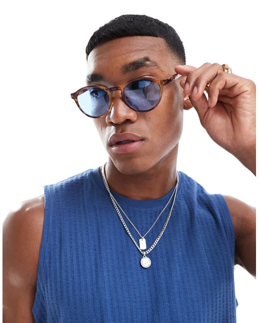 ASOS Round Tortoiseshell Sunglasses With Blue Lens for men