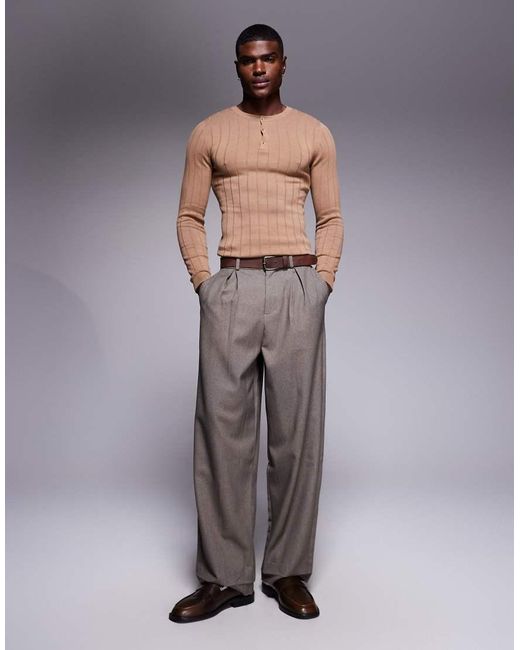 ASOS Gray Muscle Fit Long Sleeve Knitted Rib Henley Neck T-shirt for men