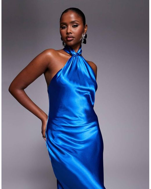 Forever New Blue Satin Knot Halter Neck Maxi Dress