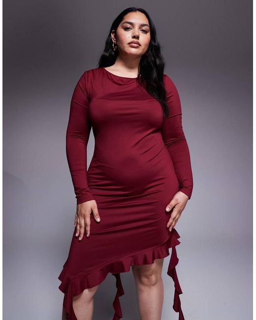 Renee Studio Red Double Sculpted Slinky Long Sleeve Asymmetric Frill Hem Drape Detail Mini Dress