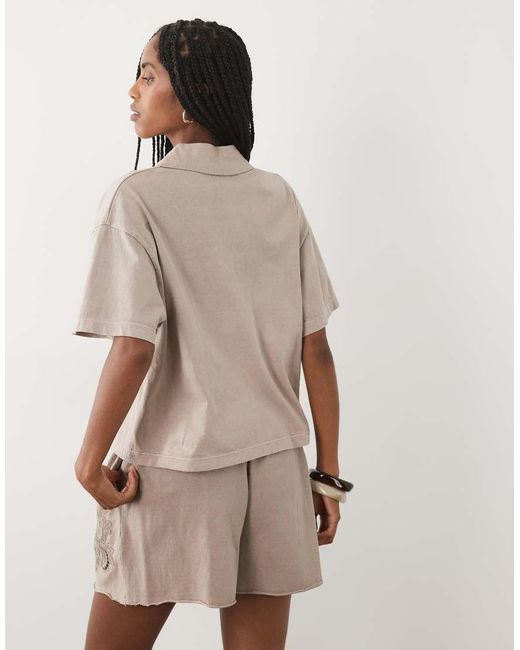 Miss Selfridge Natural Embroidered Polo Shirt Co-ord