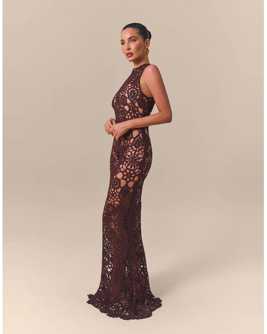 Wanderdoll Brown X Emma Milton Capria High Neck Sleeveless Crochet Lace Maxi Dress