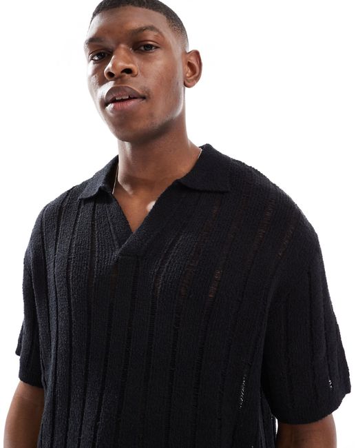 Pull&Bear – gestricktes polohemd in Black für Herren