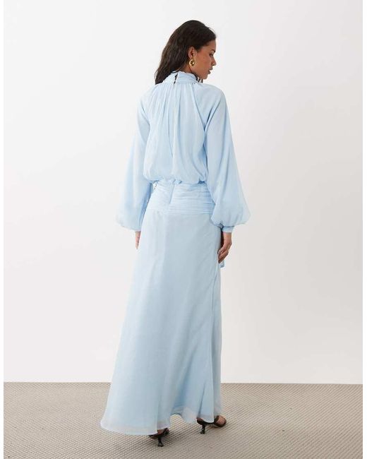ASOS Blue High Neck Drape Chiffon Maxi Dress With Neck Tie