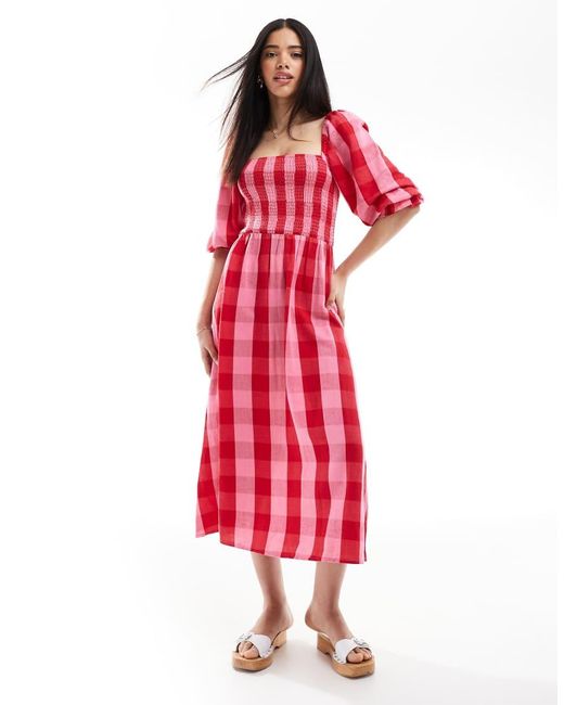 New Look Red Check Long Sleeve Midi Dress