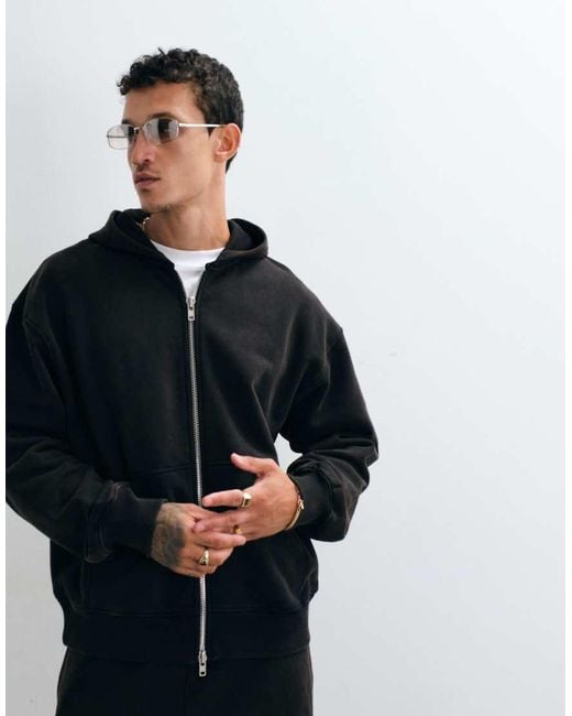 ASOS Blue Premium Heavyweight Oversized Washed Zip Up Hoodie for men