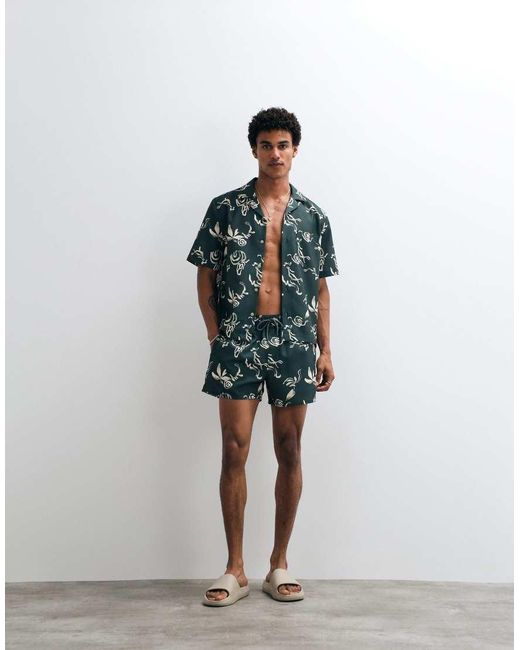ASOS Green Linen Look Relaxed Camp Collar Shirt With Print for men