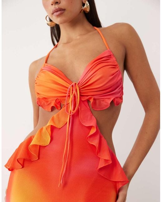 Wanderdoll Red Lola Halterneck Ruffle Cut Out Detail Maxi Dress
