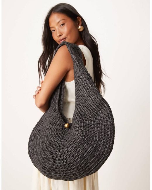 Mango Black Woven Scoop Shoulder Bag With Gold Accent