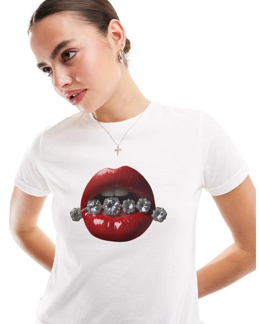 ASOS White Baby Tee With Lips And Jewels Graphic