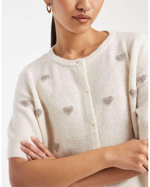 Vero Moda White Round Neck Knitted Short Sleeve Cardigan With Heart Jacquard Print