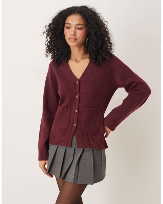 ASOS Red Waisted V Neck Cardigan With Pocket Detail