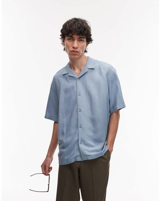 Topman Blue Regular Fit Short Sleeve Linen Blend Shirt for men
