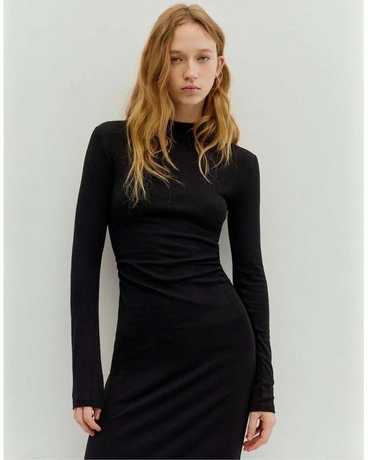 Pull&Bear Black Gathered Midi Dress