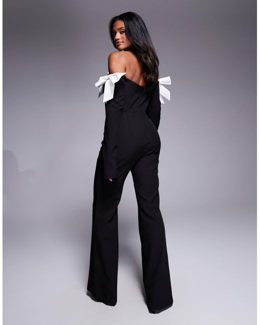ASOS Blue Satin Bow Off-shoulder Jumpsuit