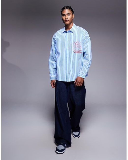 Camicia Oversize A Righe Con Ricamo Sul Petto di ASOS in Blue da Uomo