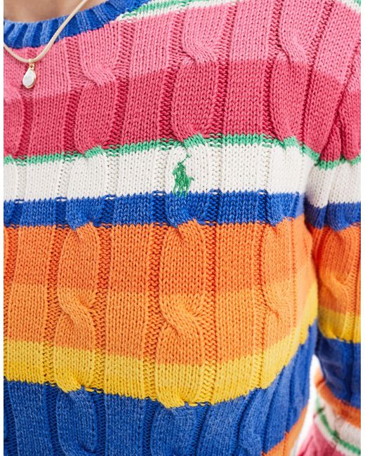 Polo Ralph Lauren White – er zopfmuster-pullover mit streifen und logo