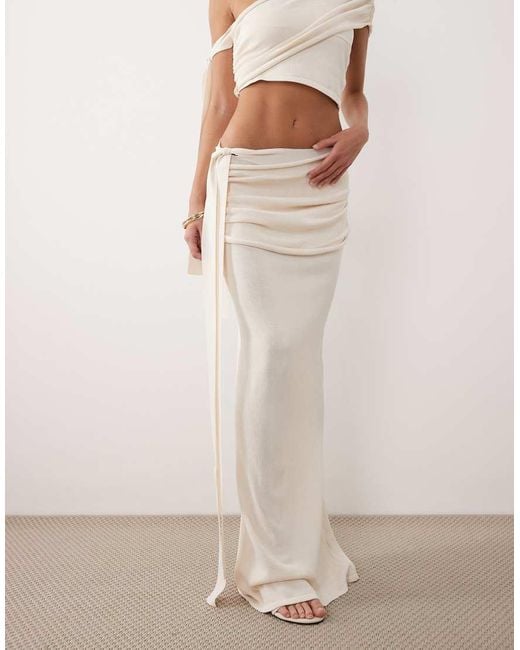Wanderdoll White Lois Fine Knit Maxi Tie Side Drape Detail Skirt Co-Ord