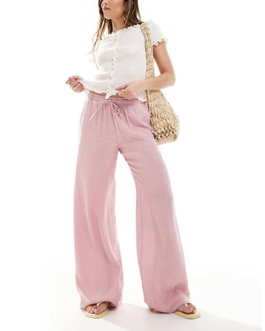 Stradivarius Broek Van Kreukelstof Met Linnenlook En Elastische Taille in het Pink