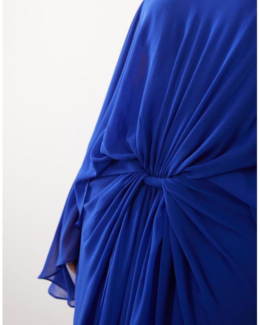 ARRANGE Blue Curve Drop Waist Grecian Draped Cape Sleeve Maxi Dress