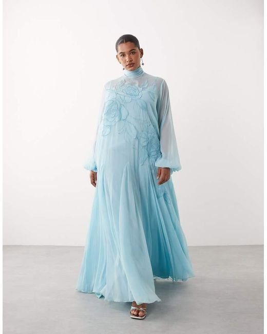 ARRANGE Blue Curve Applique Floral Tie Neck Blouson Sleeve Trapeze Maxi Dress