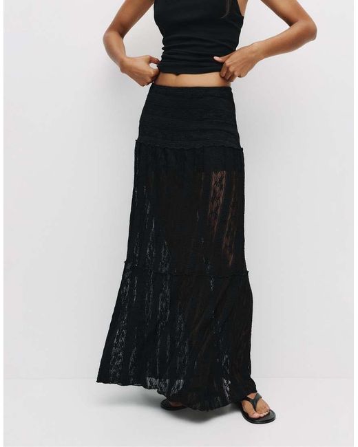 Pull&Bear Midi Rok Met Panden in het Black