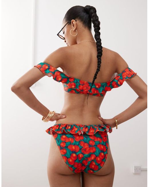Reclaimed Vintage Red Hipster Bikini Bottom With Ruffles