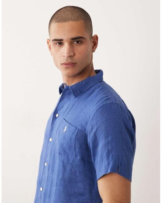 Polo Ralph Lauren Blue Icon Logo Short Sleeve Linen Shirt for men